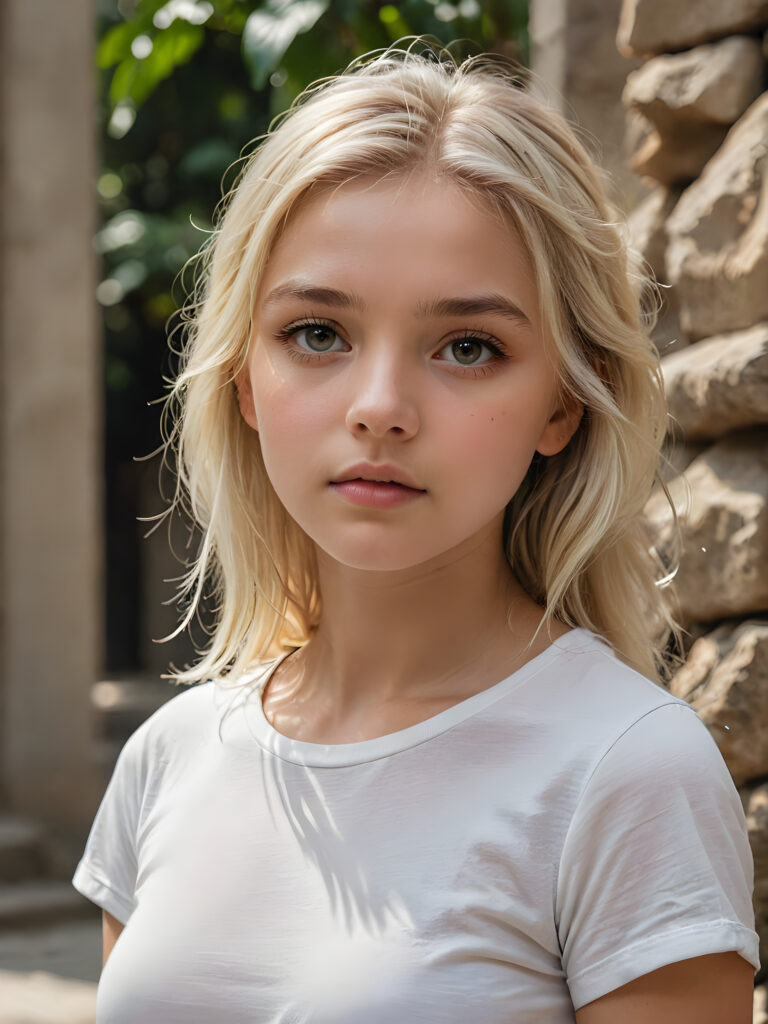 a breathtakingly detailed and hyperrealistic (((professional photograph))), portraying an intensely sorrowful expression on the face of a young girl with luxuriantly flowing, untamed, straight, silky white blonde hair cascading down her shoulders, despite its perfect length and texture suggesting advanced age, paired with a minimalist ((white short sleeve T-shirt))