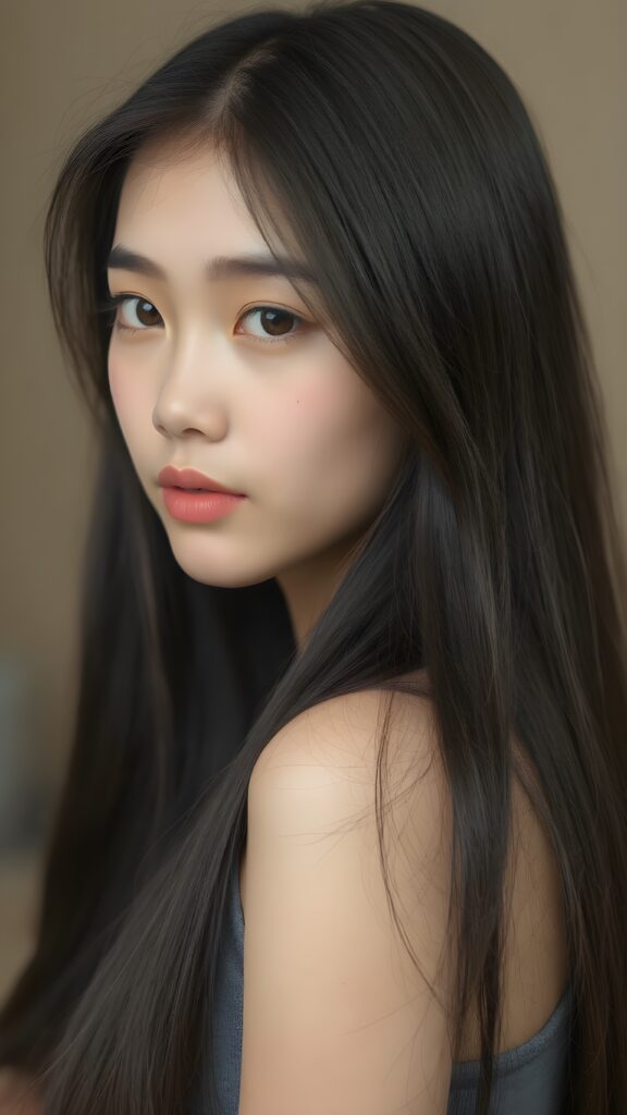 a breathtakingly realistic and detailed portrayal of a cute (((Vietnamese teenage girl))), flawlessly smooth skin, with intricate details and exquisite features, her (((long silky smooth straight black soft hair, her hair reaches down to her waist))) is luxuriously detailed, reflecting soft dimmed light, around her (round face and kissable lips) with its (perfectly rounded contours) and (detailed, amber eyes), she wears a (super short tight crop tank top) that showcases her (flawlessly proportioned upper body), (natural backdrop) ((side view))