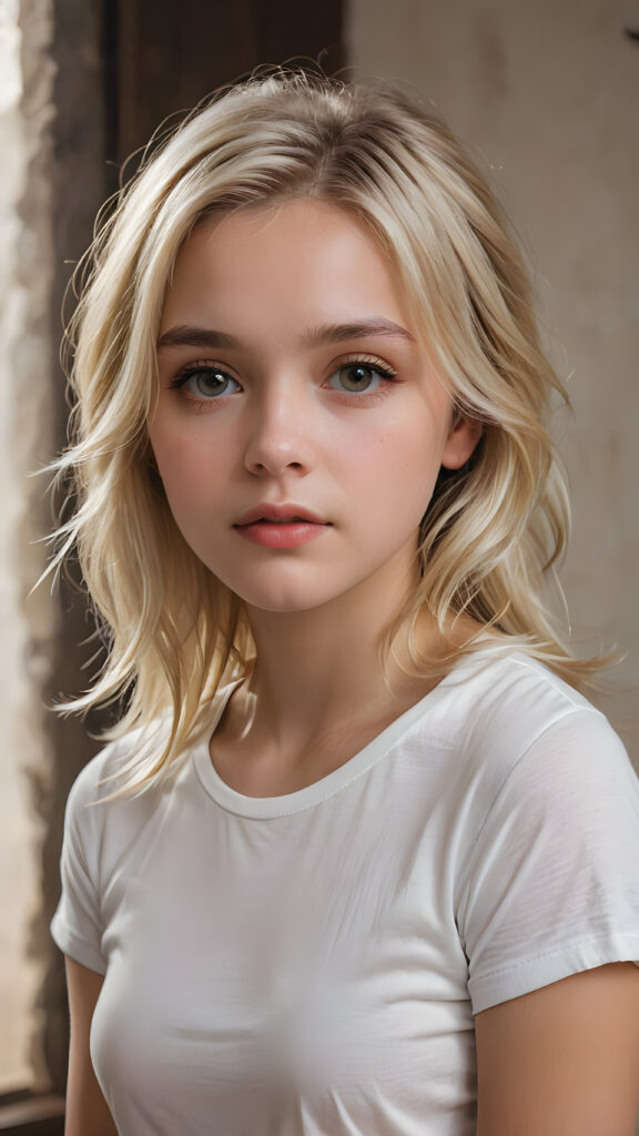 a breathtakingly detailed and hyperrealistic (((professional photograph))), portraying an intensely sorrowful expression on the face of a young girl with luxuriantly flowing, untamed, straight, silky white blonde hair cascading down her shoulders, despite its perfect length and texture suggesting advanced age, paired with a minimalist ((white short sleeve T-shirt))