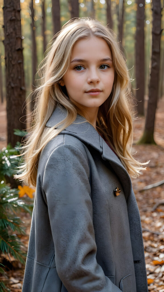 a breathtakingly beautiful natural (((teen girl))) with warm brown eyes and luxuriously thick (((blond soft hair, shoulder-length hair))), full lips, ((wears a grey winter coat and stands in an autumnal forest))