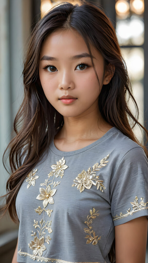 a breathtakingly realistic portrayal of a (((Asian teenage girl))) with intricate details and exquisite features. Her (((straight soft hair))) is luxuriously detailed, reflecting soft, (dimmed light) around her (13-year-old face) with its (perfectly rounded contours) and (detailed, brown eyes) that sparkle with warmth. She wears a super short, tight (grey t-shirt) that showcases her (flawlessly proportioned upper body), capturing the essence of youthful beauty and realism