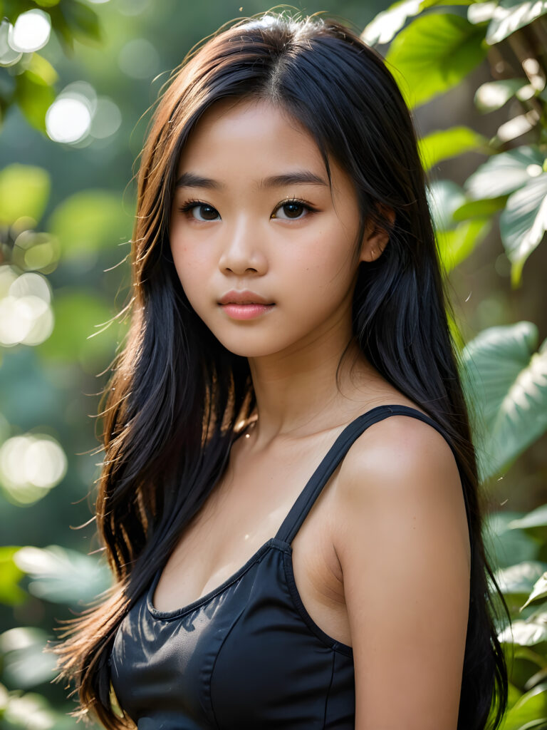 a breathtakingly realistic and detailed portrayal of a cute (((Vietnamese teenage girl))), flawlessly smooth skin, with intricate details and exquisite features, her (((long silky smooth straight black soft hair, her hair reaches down to her waist))) is luxuriously detailed, reflecting soft dimmed light, around her (round face and kissable lips) with its (perfectly rounded contours) and (detailed, amber eyes), she wears a (super short tight crop tank top) that showcases her (flawlessly proportioned upper body), (natural backdrop) ((side view))