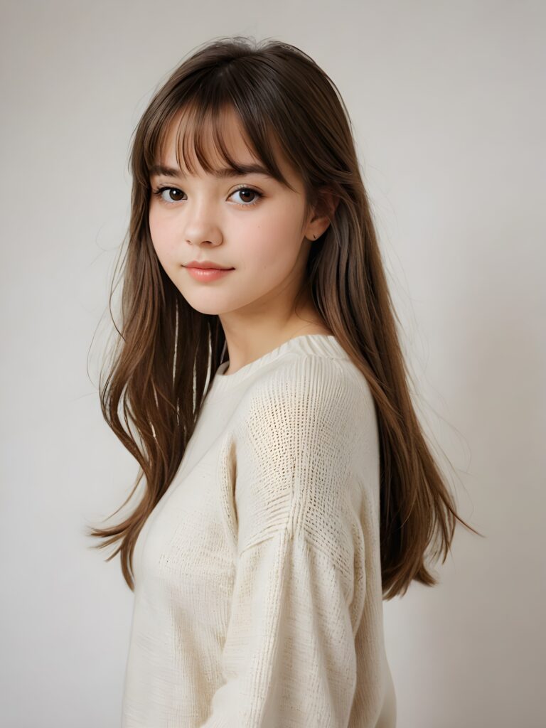 a breathtakingly realistic (((portrait))), capturing the essence of a youthful teen girl with a flawlessly proportioned upper body, long, straight soft hair, bangs cut, aged 15, wears a thin sweater, posed confidently before the viewer, ((a white canvas as a background)), ((side view))