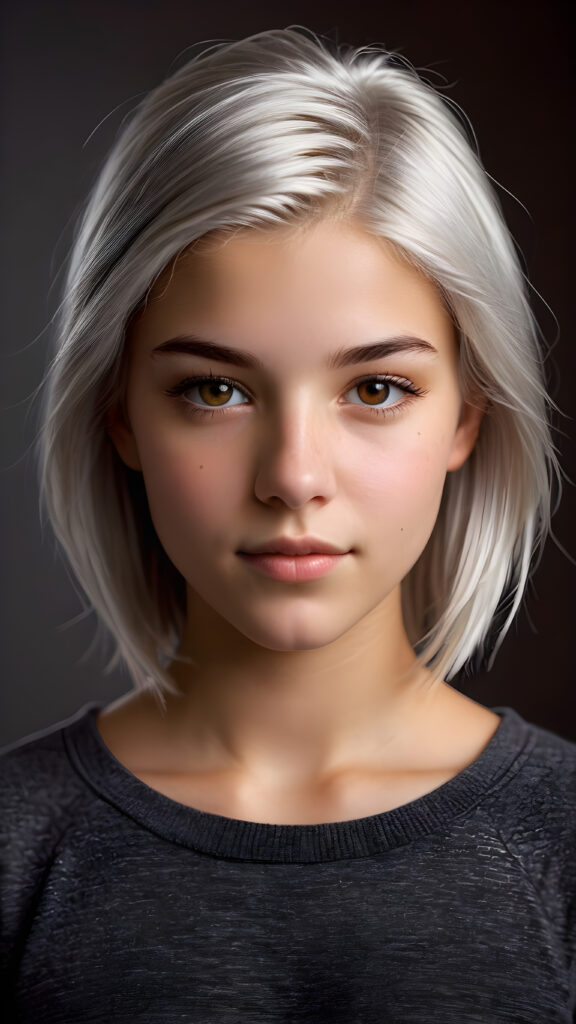 a breathtakingly realistic upper body portrait of a (((teenage girl))) with intricate platinum-white hair and striking, realistically detailed brown eyes, gazing confidently at the camera with a warm smile, her flawlessly proportioned figure on full display in a super short, sleek grey top that accentuates every curve