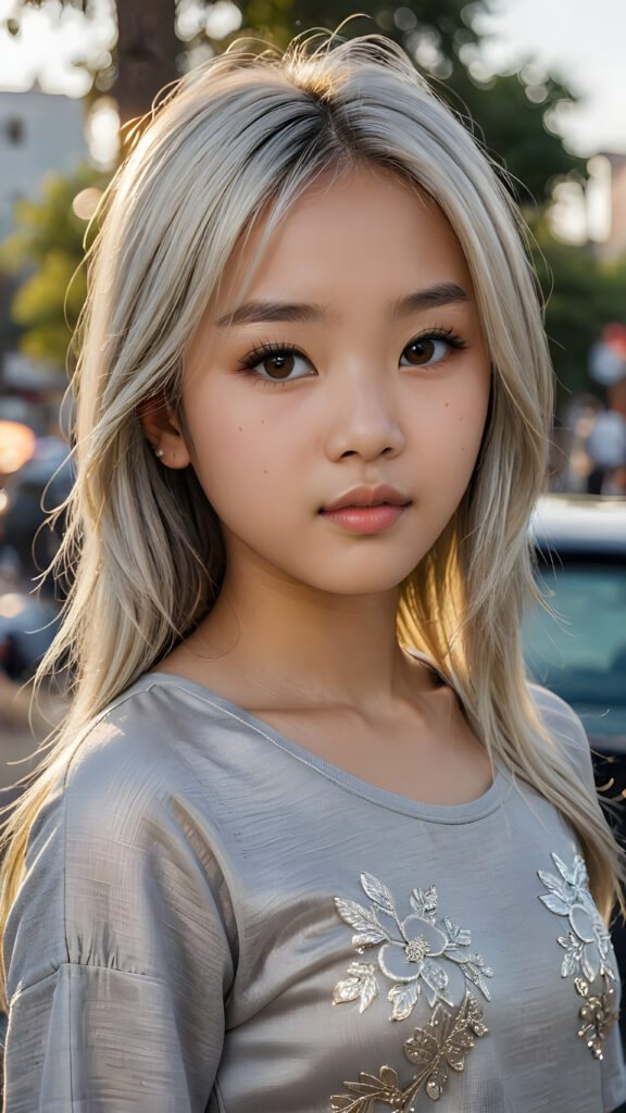 a breathtakingly realistic portrayal of a (((Asian teenage girl))) with intricate details and exquisite features. Her (((straight platinum hair))) is luxuriously detailed, reflecting soft, (golden light) around her (13-year-old face) with its (perfectly rounded contours) and (detailed, brown eyes) that sparkle with warmth. She wears a super short, tight (grey shirt) that showcases her (flawlessly proportioned upper body), capturing the essence of youthful beauty and realism