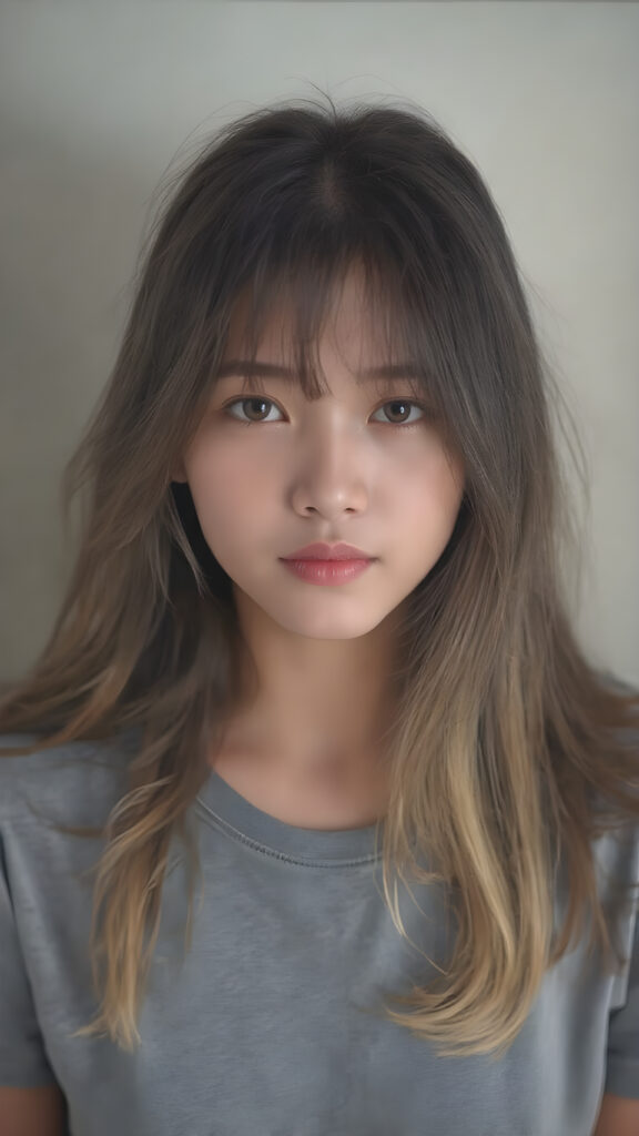 a breathtakingly beautiful (((full body portrait))), showcasing a young Asian girl with luxuriously long, flowing shiny hair, framing her face as she gazes into the camera, their ethereal tips creating a whimsical pop of color contrast to her overall look. She's dressed in a (((grey t-shirt))), which add a hint of warmth and glamour to her ensemble, the lady exudes an air of playful imagination and creativity, perfectly capturing the essence of a dreamlike beauty. Full body view.