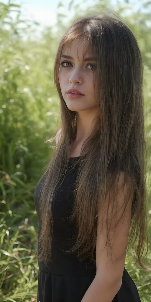 a breathtakingly beautiful (((full body portrait))), showcasing a young gothic woman, long straight hair, the woman exudes an air of playful imagination and creativity, perfectly capturing the essence of a dreamlike beauty. Full body view all against a sunny green backdrop in nature