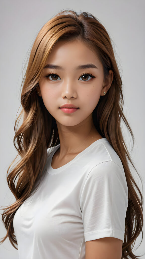 a breathtakingly (((realistic portrait))), capturing the essence of youthful beauty, featuring a (((Burmese teen girl))) who exudes (((serene elegance))), with long, flowing (((straight hazelnut hair))), and a (((flawlessly detailed angelic face))), where her (((soft, realistic hazelnut eyes)) ) gaze sadly towards the viewer from a (side perspective). She is clad in a (super short, sharply tailored (((white T-shirt))), cut from thin silk), with flawless anatomical proportions that draw the eye, against a (subtle, uncluttered backdrop of white). The overall atmosphere evokes a (cinematic sophistication) that exudes timeless appeal