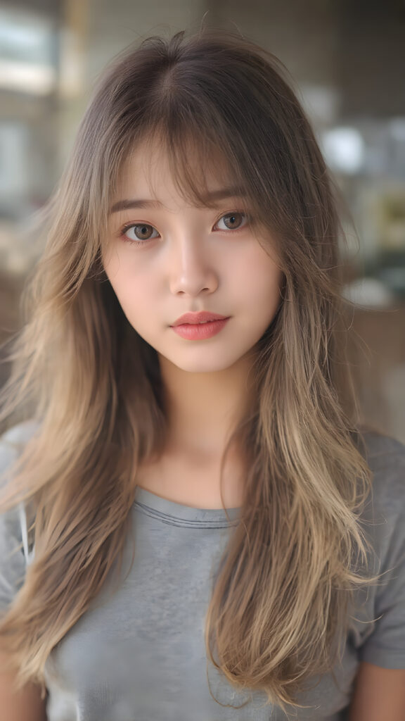 a breathtakingly beautiful (((full body portrait))), showcasing a young Asian girl with luxuriously long, flowing shiny hair, framing her face as she gazes into the camera, their ethereal tips creating a whimsical pop of color contrast to her overall look. She's dressed in a (((grey t-shirt))), which add a hint of warmth and glamour to her ensemble, the lady exudes an air of playful imagination and creativity, perfectly capturing the essence of a dreamlike beauty. Full body view.