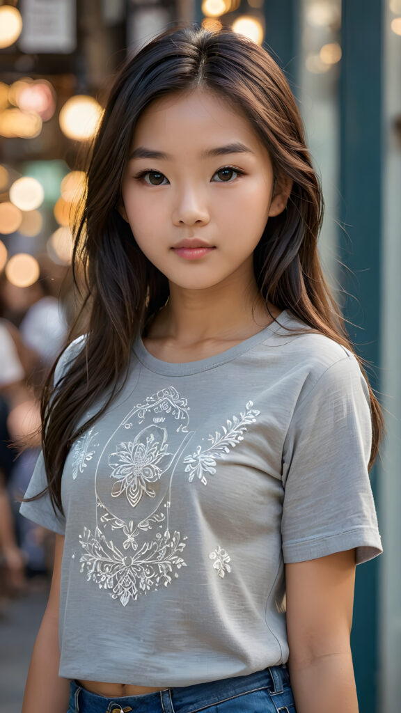 a breathtakingly realistic portrayal of a (((Asian teenage girl))) with intricate details and exquisite features. Her (((straight soft hair))) is luxuriously detailed, reflecting soft, (dimmed light) around her (13-year-old face) with its (perfectly rounded contours) and (detailed, brown eyes) that sparkle with warmth. She wears a super short, tight (grey t-shirt) that showcases her (flawlessly proportioned upper body), capturing the essence of youthful beauty and realism