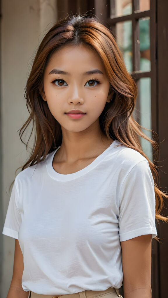 a breathtakingly (((realistic portrait))), capturing the essence of youthful beauty, featuring a (((Burmese teen girl))) who exudes (((serene elegance))), with long, flowing (((straight hazelnut hair))), and a (((flawlessly detailed angelic face))), where her (((soft, realistic hazelnut eyes)) ) gaze sadly towards the viewer from a (side perspective). She is clad in a (super short, sharply tailored (((white T-shirt))), cut from thin silk), with flawless anatomical proportions that draw the eye, against a (subtle, uncluttered backdrop of white). The overall atmosphere evokes a (cinematic sophistication) that exudes timeless appeal