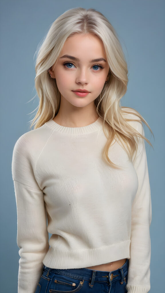 a breathtakingly realistic (((portrait))), capturing the essence of a youthful teen girl with a flawlessly proportioned upper body, perfect curved fit body, long, straight, soft and sleek white hair, round angelic face with full kissable lips, wears a thin and super sleek crop wool sweater, light blue eyes, posed confidently before the viewer, ((a white canvas as a background))