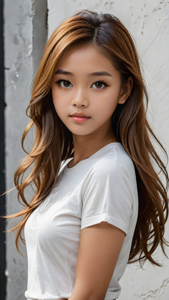 a breathtakingly (((realistic portrait))), capturing the essence of youthful beauty, featuring a (((Burmese teen girl))) who exudes (((serene elegance))), with long, flowing (((straight hazelnut hair))), and a (((flawlessly detailed angelic face))), where her (((soft, realistic hazelnut eyes)) ) gaze sadly towards the viewer from a (side perspective). She is clad in a (super short, sharply tailored (((white T-shirt))), cut from thin silk), with flawless anatomical proportions that draw the eye, against a (subtle, uncluttered backdrop of white). The overall atmosphere evokes a (cinematic sophistication) that exudes timeless appeal