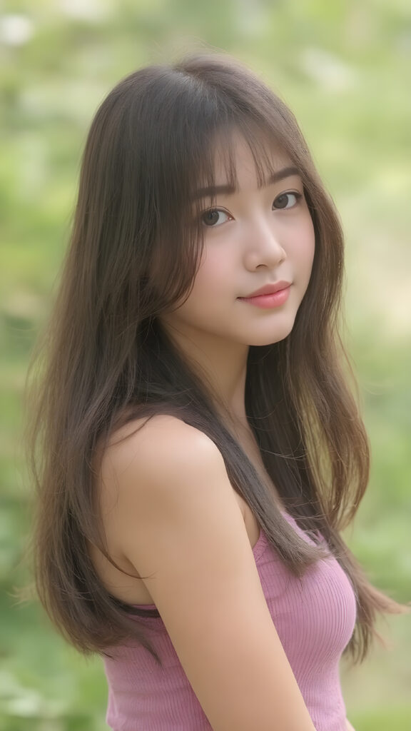 a breathtakingly realistic and detailed portrait of a cute (((well busty Vietnamese teenage girl))) with (((long silky smooth straight soft hair, reaches down to her waist))), (round face and kissable lips) with its (perfectly rounded contours) and (detailed, eyes), she wears a (super short tight crop tank top) that showcases her (flawlessly proportioned upper body), (natural backdrop) ((side view))