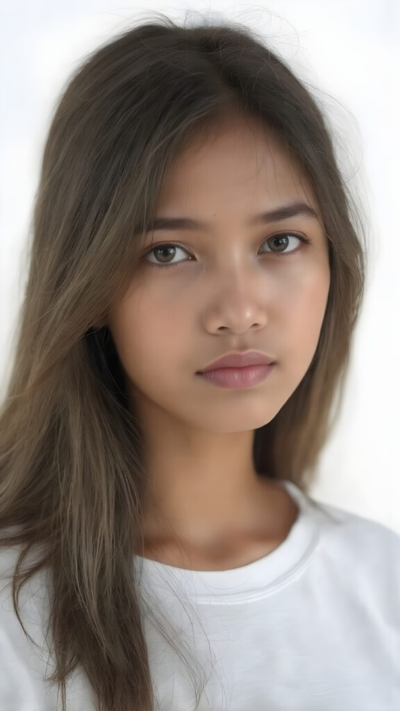 a breathtakingly (((realistic portrait))), capturing the essence of youthful beauty, featuring a (((Burmese teen girl))) who exudes (((serene elegance))), with long, flowing (((straight hazelnut hair))), and a (((flawlessly detailed angelic face))), where her (((soft, realistic hazelnut eyes)) ) gaze sadly towards the viewer from a (side perspective). She is clad in a (super short, sharply tailored (((white T-shirt))), cut from thin silk), with flawless anatomical proportions that draw the eye, against a (subtle, uncluttered backdrop of white). The overall atmosphere evokes a (cinematic sophistication) that exudes timeless appeal