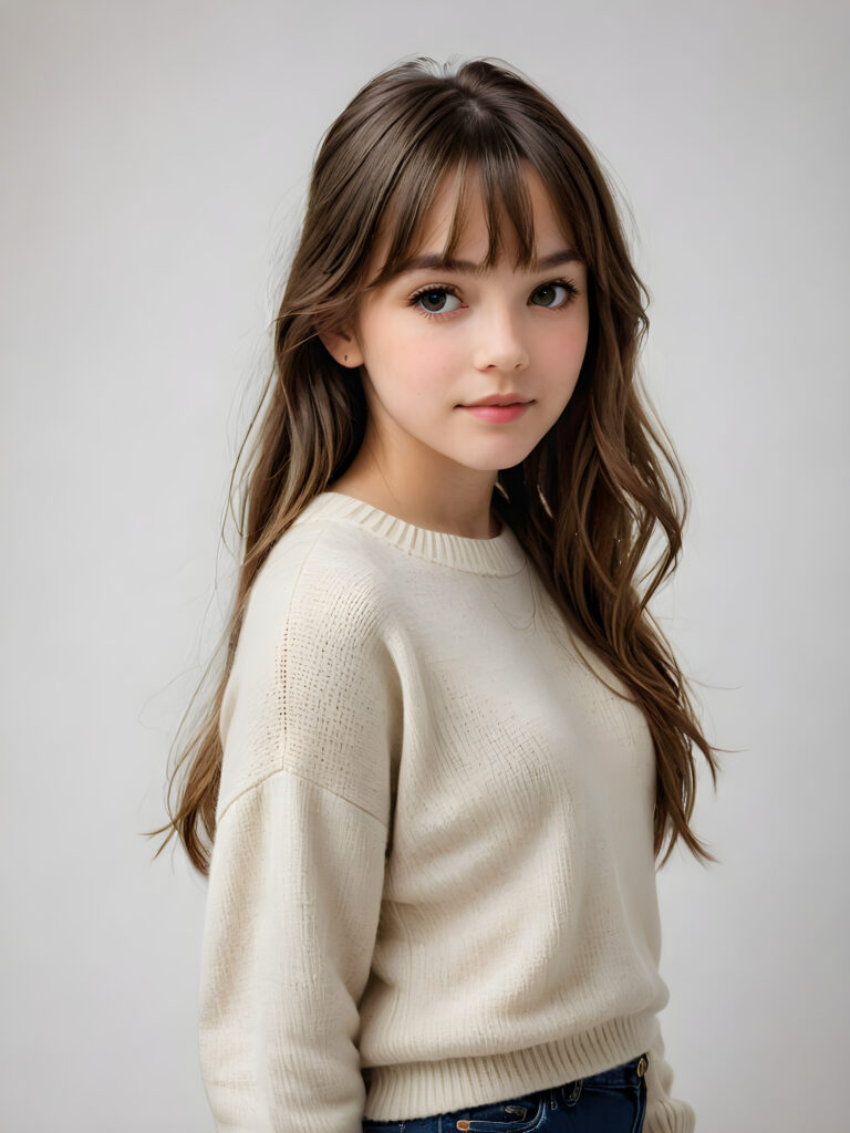 a breathtakingly realistic (((portrait))), capturing the essence of a youthful teen girl with a flawlessly proportioned upper body, long, straight soft hair, bangs cut, aged 15, wears a thin wool sweater, posed confidently before the viewer, ((a white canvas as a background)), ((side view))