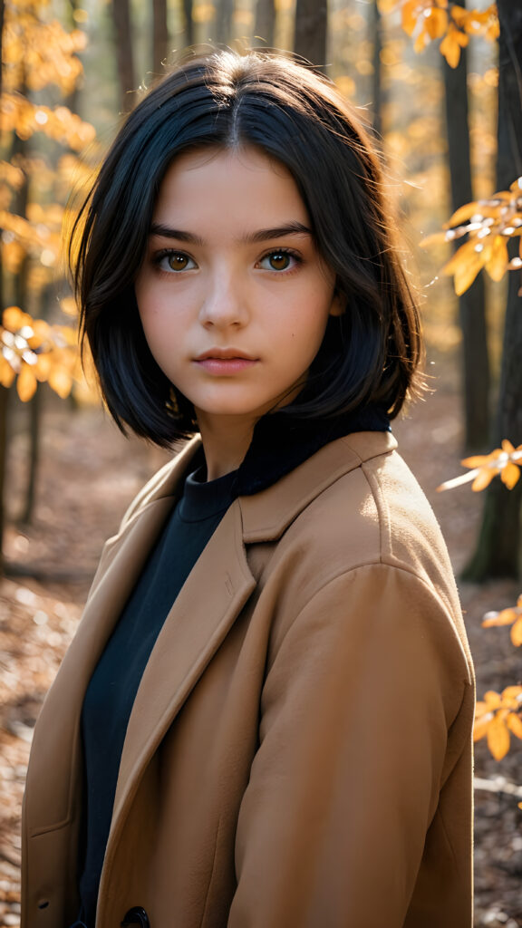 a breathtakingly beautiful natural (((16-year-old girl))) with warm amber eyes and luxuriously thick (((obsidian black soft hair, shoulder-length hair, with a bob))), full lips, ((wears a brown winter coat and stands in an autumnal forest))