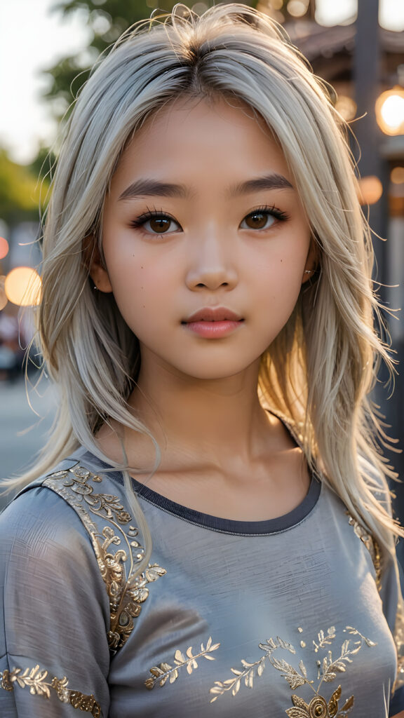 a breathtakingly realistic portrayal of a (((Asian teenage girl))) with intricate details and exquisite features. Her (((straight platinum hair))) is luxuriously detailed, reflecting soft, (golden light) around her (13-year-old face) with its (perfectly rounded contours) and (detailed, brown eyes) that sparkle with warmth. She wears a super short, tight (grey shirt) that showcases her (flawlessly proportioned upper body), capturing the essence of youthful beauty and realism