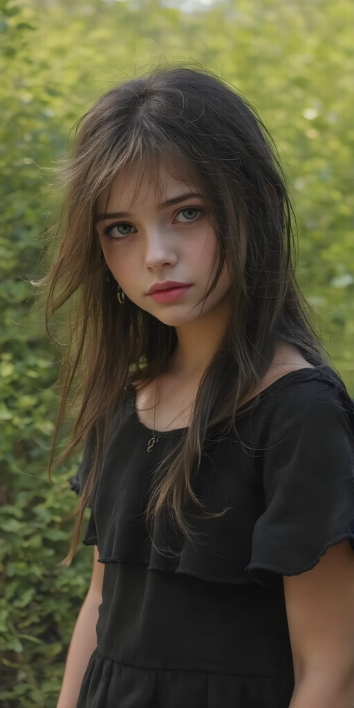 a breathtakingly beautiful, showcasing a young gothic girl, she is short, dark dressed, long straight hair, the girl exudes an air of playful imagination and creativity, perfectly capturing the essence of a dreamlike beauty, all against a sunny green backdrop in nature