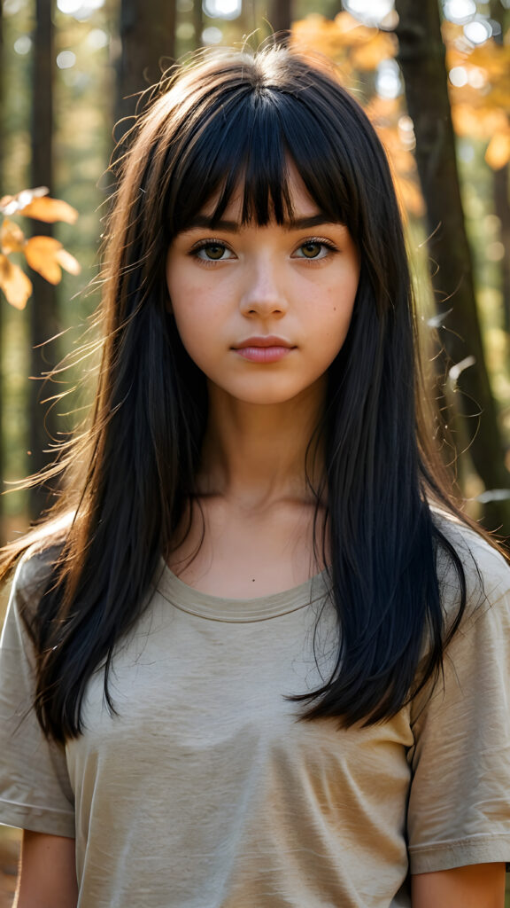 a breathtakingly beautiful natural (((15-year-old girl))) with warm amber eyes and luxuriously thick (((obsidian black long smooth straight hair, bangs))), full lips, ((wears a light brown form-fitting plain t-shirt that support her perfect body, stands in an autumnal forest))