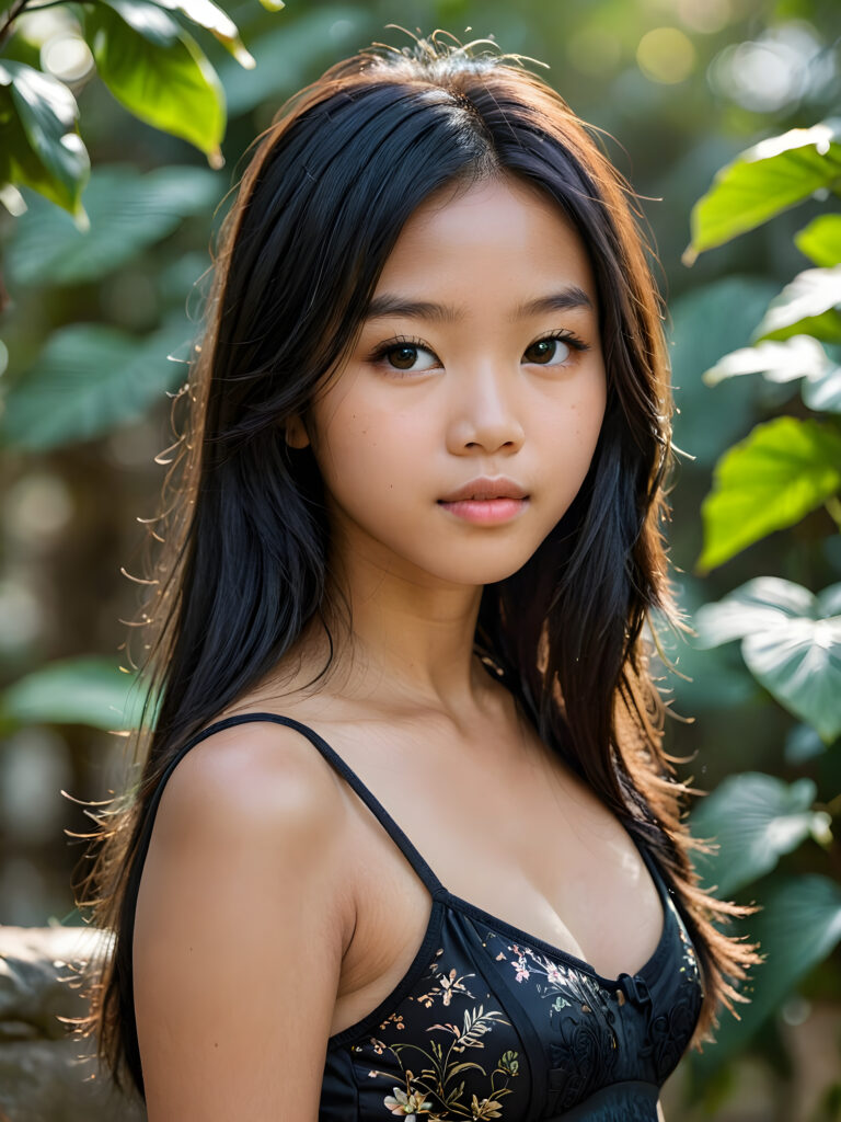 a breathtakingly realistic and detailed portrayal of a cute (((Vietnamese teenage girl))), flawlessly smooth skin, with intricate details and exquisite features, her (((long silky smooth straight black soft hair, her hair reaches down to her waist))) is luxuriously detailed, reflecting soft dimmed light, around her (round face and kissable lips) with its (perfectly rounded contours) and (detailed, amber eyes), she wears a (super short tight crop tank top) that showcases her (flawlessly proportioned upper body), (natural backdrop) ((side view))