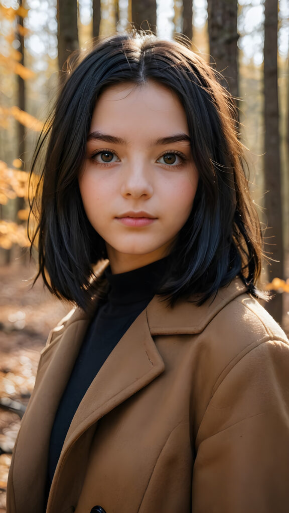 a breathtakingly beautiful natural (((16-year-old girl))) with warm amber eyes and luxuriously thick (((obsidian black soft hair, shoulder-length hair, with a bob))), full lips, ((wears a brown winter coat and stands in an autumnal forest))