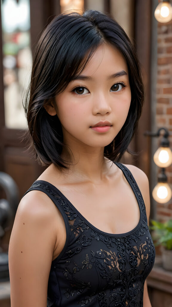 a breathtakingly realistic portrayal of a (((Asian Vietnamese teenage girl))) with intricate details and exquisite features, her (((straight black soft hair))) is luxuriously detailed, reflecting soft, (dimmed light) around her (13-year-old face) with its (perfectly rounded contours) and (detailed, brown eyes), she wears a super short, tight (grey tank top) that showcases her (flawlessly proportioned upper body)