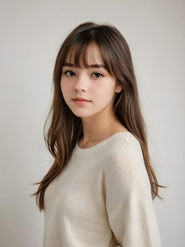 a breathtakingly realistic (((portrait))), capturing the essence of a youthful teen girl with a flawlessly proportioned upper body, long, straight soft hair, bangs cut, aged 15, wears a thin sweater, posed confidently before the viewer, ((a white canvas as a background)), ((side view))