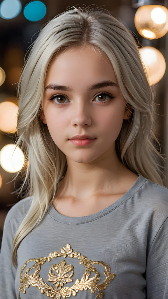 a breathtakingly realistic portrayal of a (((teenage girl))) with intricate details and exquisite features. Her (((straight platinum hair))) is luxuriously detailed, reflecting soft, (golden light) around her (13-year-old face) with its (perfectly rounded contours) and (detailed, brown eyes) that sparkle with warmth. She wears a super short, tight (grey shirt) that showcases her (flawlessly proportioned upper body), capturing the essence of youthful beauty and realism