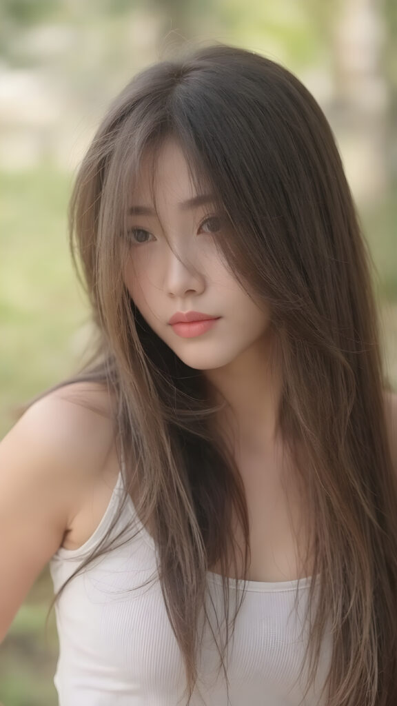 a breathtakingly realistic and detailed portrait of a cute (((well busty Vietnamese teenage girl))) with (((long silky smooth straight soft hair, reaches down to her waist))), (round face and kissable lips) with its (perfectly rounded contours) and (detailed, eyes), she wears a (super short tight crop tank top) that showcases her (flawlessly proportioned upper body), (natural backdrop) ((side view))