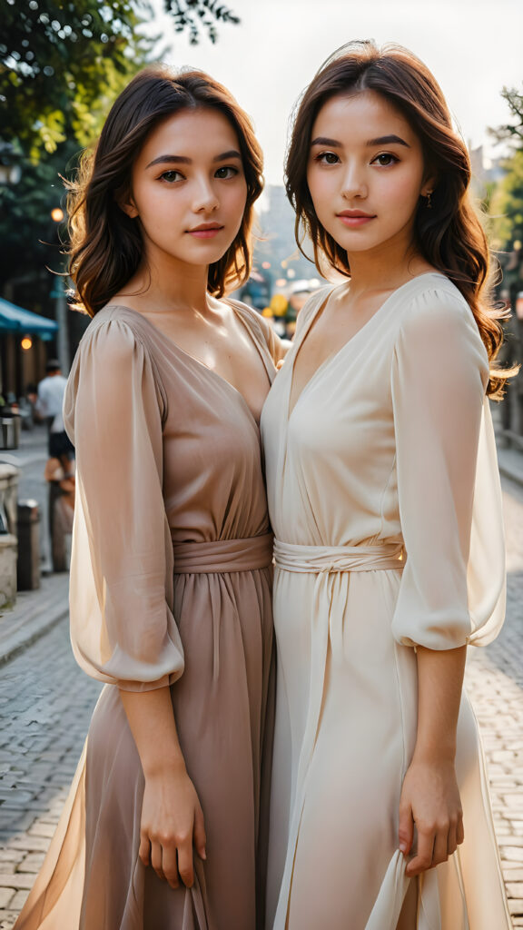 a breathtakingly poised group of two effortlessly confident young women, with striking brown eyes that draw the viewer in, standing side by side with their arms wrapped around each other's waists, dressed in flowing, Simple chiffon dresses in rich, sun-kissed hues against a (vividly backdrop)