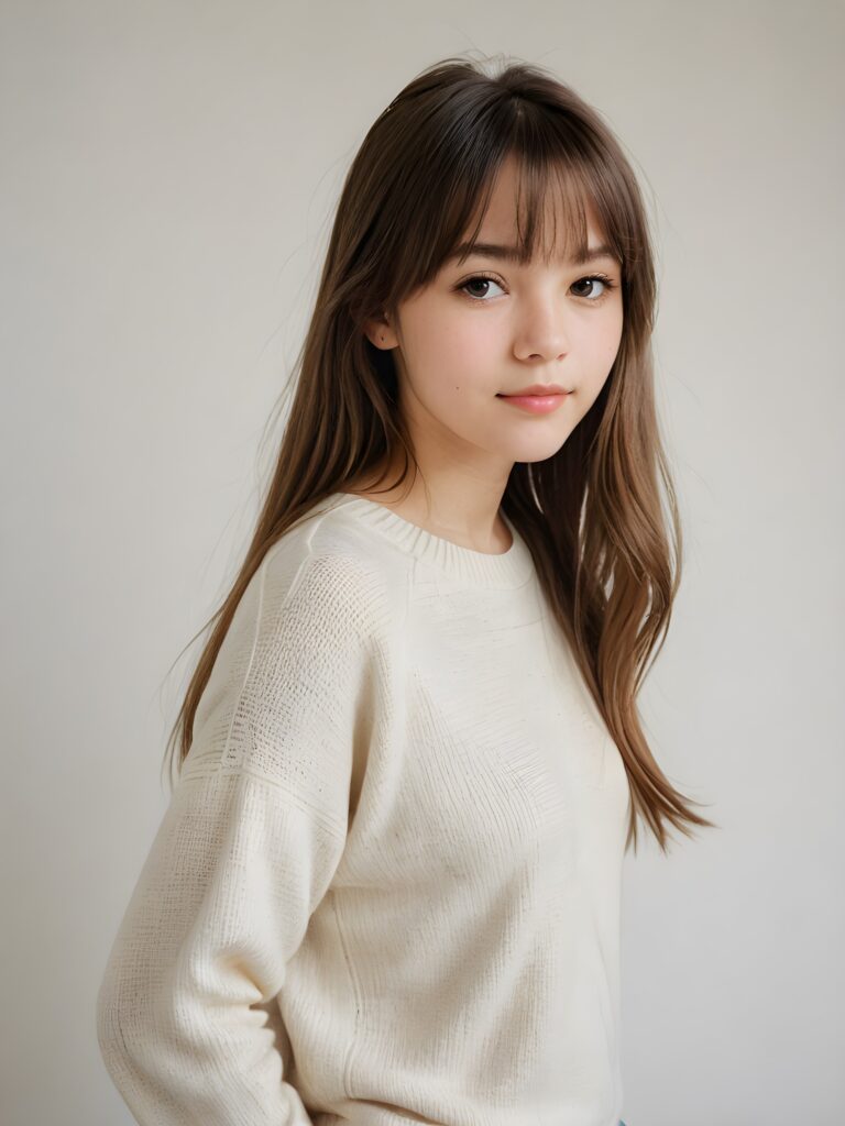 a breathtakingly realistic (((portrait))), capturing the essence of a youthful teen girl with a flawlessly proportioned upper body, long, straight soft hair, bangs cut, aged 15, wears a thin sweater, posed confidently before the viewer, ((a white canvas as a background)), ((side view))