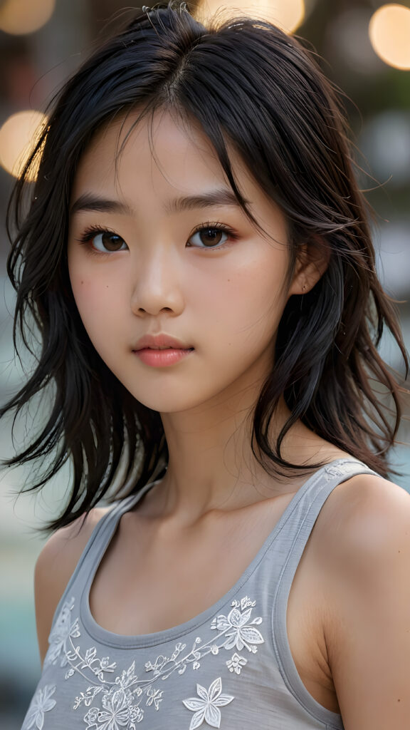 a breathtakingly realistic portrayal of a (((Asian Korean teenage girl))) with intricate details and exquisite features, her (((straight black soft hair))) is luxuriously detailed, reflecting soft, (dimmed light) around her (13-year-old face) with its (perfectly rounded contours) and (detailed, brown eyes), she wears a super short, tight (grey tank top) that showcases her (flawlessly proportioned upper body)