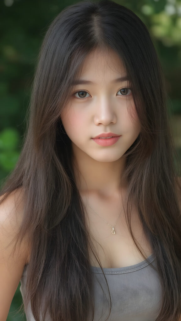 a breathtakingly realistic and detailed portrait of a cute (((well busty Vietnamese teenage girl))) with (((long silky smooth straight soft hair, reaches down to her waist))), (round face and kissable lips) with its (perfectly rounded contours) and (detailed, eyes), she wears a (super short tight crop tank top) that showcases her (flawlessly proportioned upper body), (natural backdrop) ((side view))