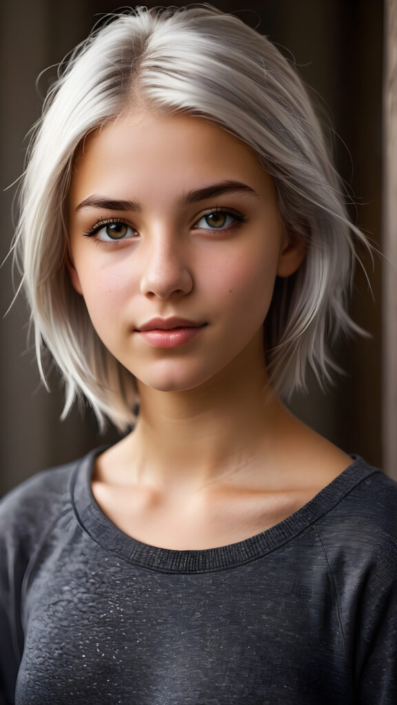 a breathtakingly realistic upper body portrait of a (((teenage girl))) with intricate platinum-white hair and striking, realistically detailed brown eyes, gazing confidently at the camera with a warm smile, her flawlessly proportioned figure on full display in a super short, sleek grey top that accentuates every curve