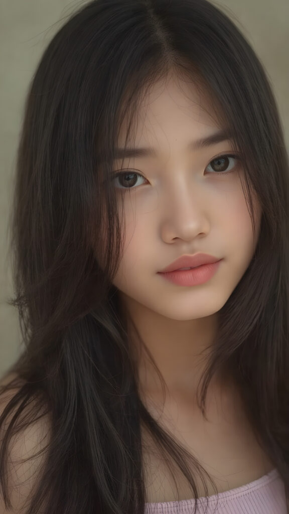 a breathtakingly realistic and detailed portrayal of a cute (((Vietnamese teenage girl))), flawlessly smooth skin, with intricate details and exquisite features, her (((long silky smooth straight black soft hair, her hair reaches down to her waist))) is luxuriously detailed, reflecting soft dimmed light, around her (round face and kissable lips) with its (perfectly rounded contours) and (detailed, amber eyes), she wears a (super short tight crop tank top) that showcases her (flawlessly proportioned upper body), (natural backdrop) ((side view))