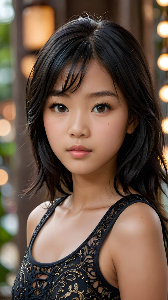 a breathtakingly realistic portrayal of a (((Asian Vietnamese teenage girl))) with intricate details and exquisite features, her (((straight black soft hair))) is luxuriously detailed, reflecting soft, (dimmed light) around her (13-year-old face) with its (perfectly rounded contours) and (detailed, brown eyes), she wears a super short, tight (grey tank top) that showcases her (flawlessly proportioned upper body)