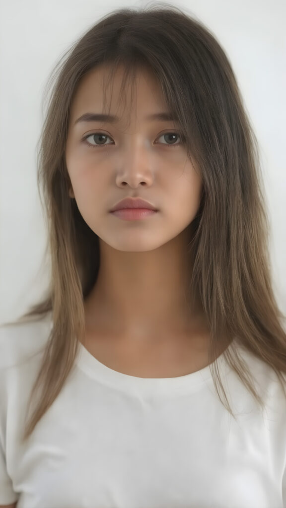 a breathtakingly (((realistic portrait))), capturing the essence of youthful beauty, featuring a (((Burmese teen girl))) who exudes (((serene elegance))), with long, flowing (((straight hazelnut hair))), and a (((flawlessly detailed angelic face))), where her (((soft, realistic hazelnut eyes)) ) gaze sadly towards the viewer from a (side perspective). She is clad in a (super short, sharply tailored (((white T-shirt))), cut from thin silk), with flawless anatomical proportions that draw the eye, against a (subtle, uncluttered backdrop of white). The overall atmosphere evokes a (cinematic sophistication) that exudes timeless appeal