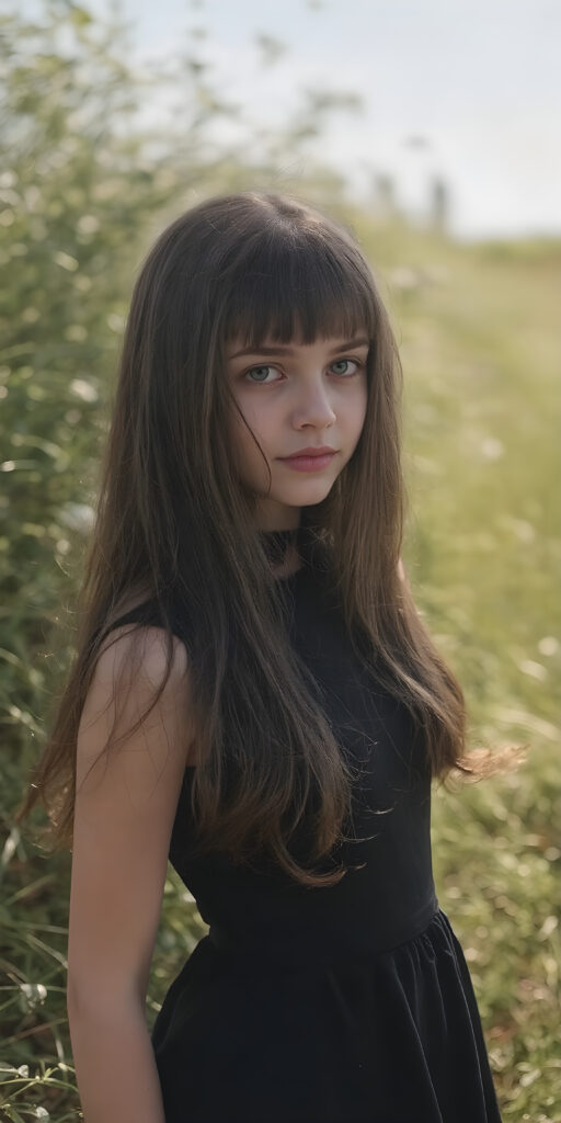 a breathtakingly beautiful, showcasing a young gothic girl, she is short, dark dressed, long straight hair, the girl exudes an air of playful imagination and creativity, perfectly capturing the essence of a dreamlike beauty, ((full body view)) all against a sunny green backdrop in nature