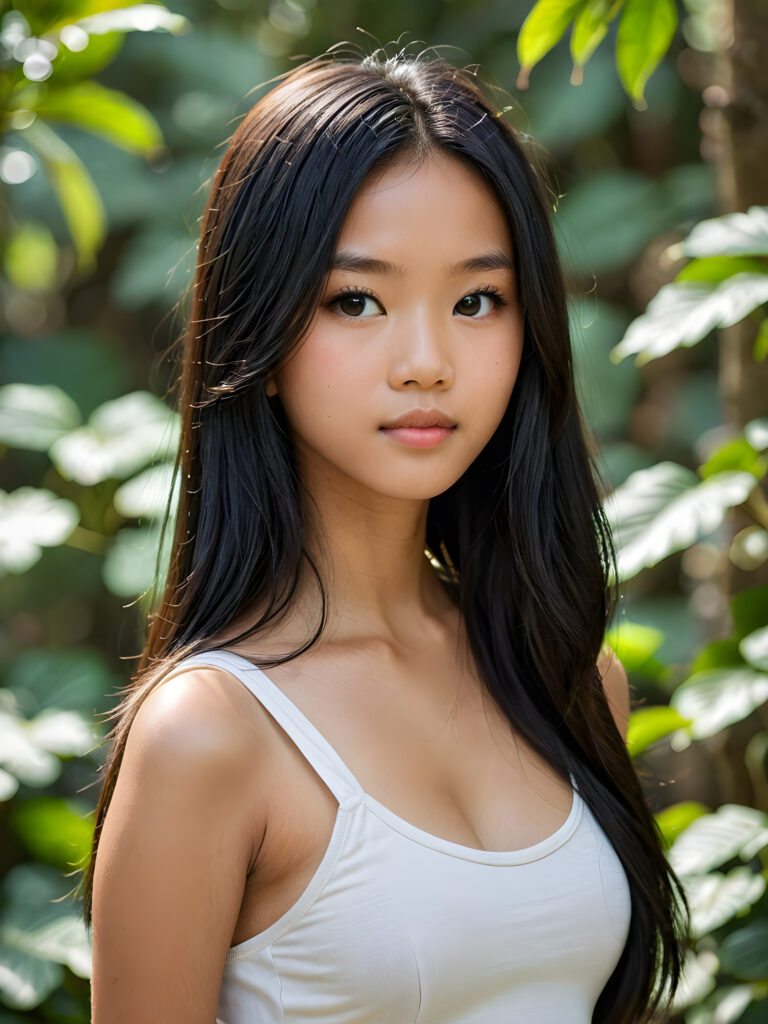 a breathtakingly realistic and detailed portrayal of a cute (((Vietnamese teenage girl))), flawlessly smooth skin, with intricate details and exquisite features, her (((long silky smooth straight black soft hair, her hair reaches down to her waist))) is luxuriously detailed, reflecting soft dimmed light, around her (round face and kissable lips) with its (perfectly rounded contours) and (detailed, amber eyes), she wears a (super short tight crop tank top) that showcases her (flawlessly proportioned upper body), (natural backdrop) ((side view))