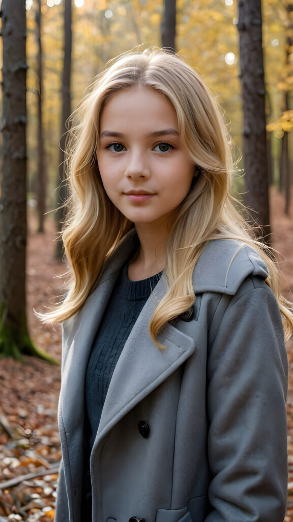 a breathtakingly beautiful natural (((teen girl))) with warm brown eyes and luxuriously thick (((blond soft hair, shoulder-length hair))), full lips, ((wears a grey winter coat and stands in an autumnal forest))