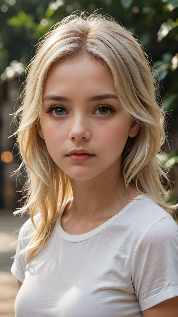 a breathtakingly detailed and hyperrealistic (((professional photograph))), portraying an intensely sorrowful expression on the face of a young girl with luxuriantly flowing, untamed, straight, silky white blonde hair cascading down her shoulders, despite its perfect length and texture suggesting advanced age, paired with a minimalist ((white short sleeve T-shirt))