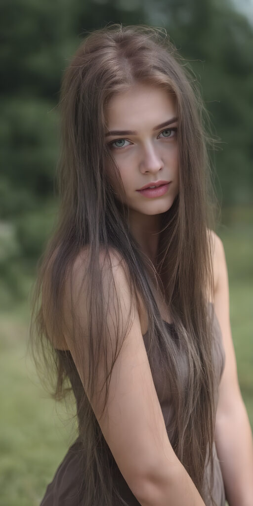 a breathtakingly beautiful (((full body portrait))), showcasing a young gothic woman, long straight hair, the woman exudes an air of playful imagination and creativity, perfectly capturing the essence of a dreamlike beauty. Full body view all against a sunny green backdrop in nature