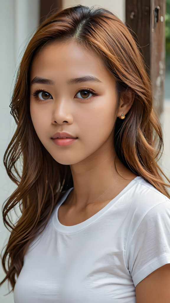 a breathtakingly (((realistic portrait))), capturing the essence of youthful beauty, featuring a (((Burmese teen girl))) who exudes (((serene elegance))), with long, flowing (((straight hazelnut hair))), and a (((flawlessly detailed angelic face))), where her (((soft, realistic hazelnut eyes)) ) gaze sadly towards the viewer from a (side perspective). She is clad in a (super short, sharply tailored (((white T-shirt))), cut from thin silk), with flawless anatomical proportions that draw the eye, against a (subtle, uncluttered backdrop of white). The overall atmosphere evokes a (cinematic sophistication) that exudes timeless appeal