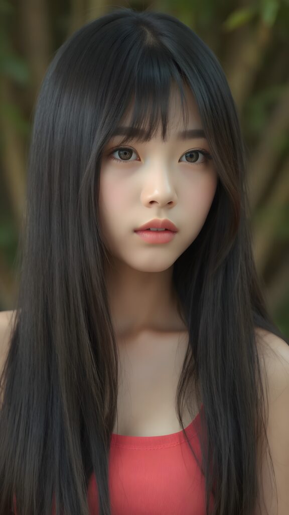 a breathtakingly realistic and detailed portrayal of a cute (((Vietnamese teenage girl))), flawlessly smooth skin, with intricate details and exquisite features, her (((long silky smooth straight black soft hair, her hair reaches down to her waist))) is luxuriously detailed, reflecting soft dimmed light, around her (round face and kissable lips) with its (perfectly rounded contours) and (detailed, amber eyes), she wears a (super short tight crop tank top) that showcases her (flawlessly proportioned upper body), (natural backdrop) ((side view))