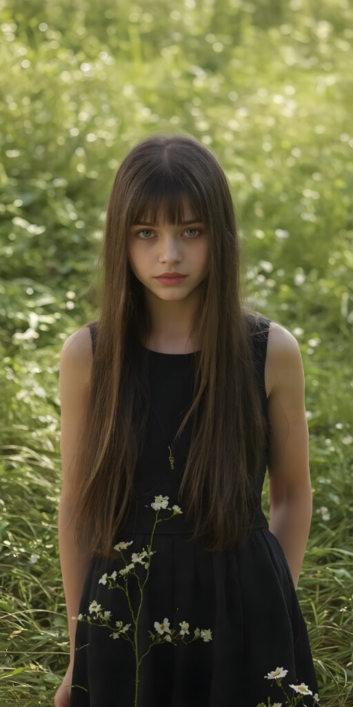 a breathtakingly beautiful, showcasing a young gothic girl, she is short, dark dressed, long straight hair, the girl exudes an air of playful imagination and creativity, perfectly capturing the essence of a dreamlike beauty, ((full body view)) all against a sunny green backdrop in nature