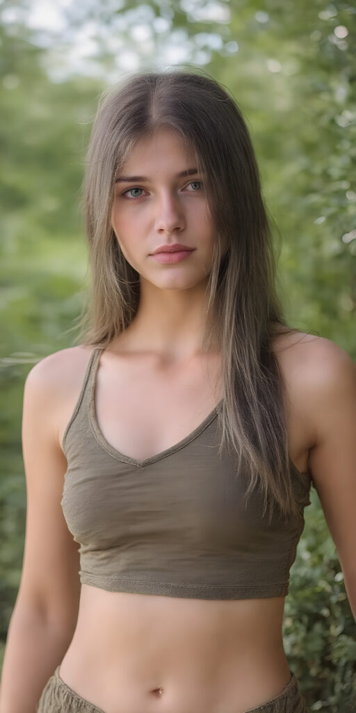 a breathtakingly beautiful (((portrait))), showcasing a young army girl, short sport tank top in camouflage, deep v-neck, perfect body, long straight hair, exudes an air of playful imagination and creativity, perfectly capturing the essence of a dreamlike beauty. Full body view all against a sunny green backdrop in nature