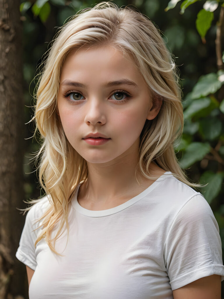 a breathtakingly detailed and hyperrealistic (((professional photograph))), portraying an intensely sorrowful expression on the face of a young girl with luxuriantly flowing, untamed, straight, silky white blonde hair cascading down her shoulders, despite its perfect length and texture suggesting advanced age, paired with a minimalist ((white short sleeve T-shirt))