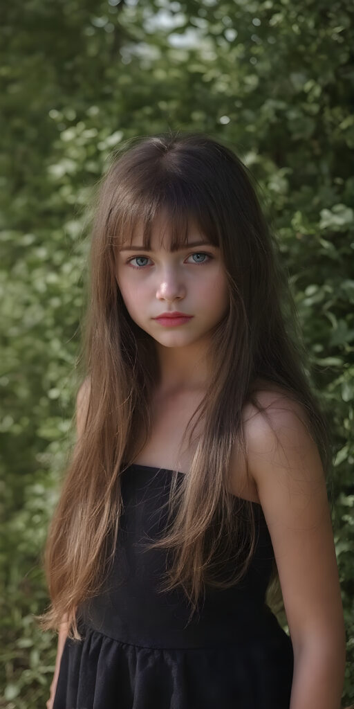 a breathtakingly beautiful, showcasing a young gothic girl, she is short, dark dressed, long straight hair, the girl exudes an air of playful imagination and creativity, perfectly capturing the essence of a dreamlike beauty, ((full body view)) all against a sunny green backdrop in nature