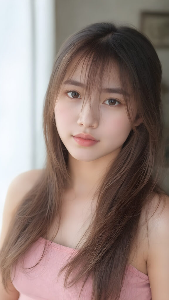 a breathtakingly realistic and detailed portrait of a cute (((well busty Vietnamese teenage girl))) with (((long silky smooth straight soft hair, reaches down to her waist))), (round face and kissable lips) with its (perfectly rounded contours) and (detailed, eyes), she wears a (super short tight crop tank top) that showcases her (flawlessly proportioned upper body), (natural backdrop) ((side view))